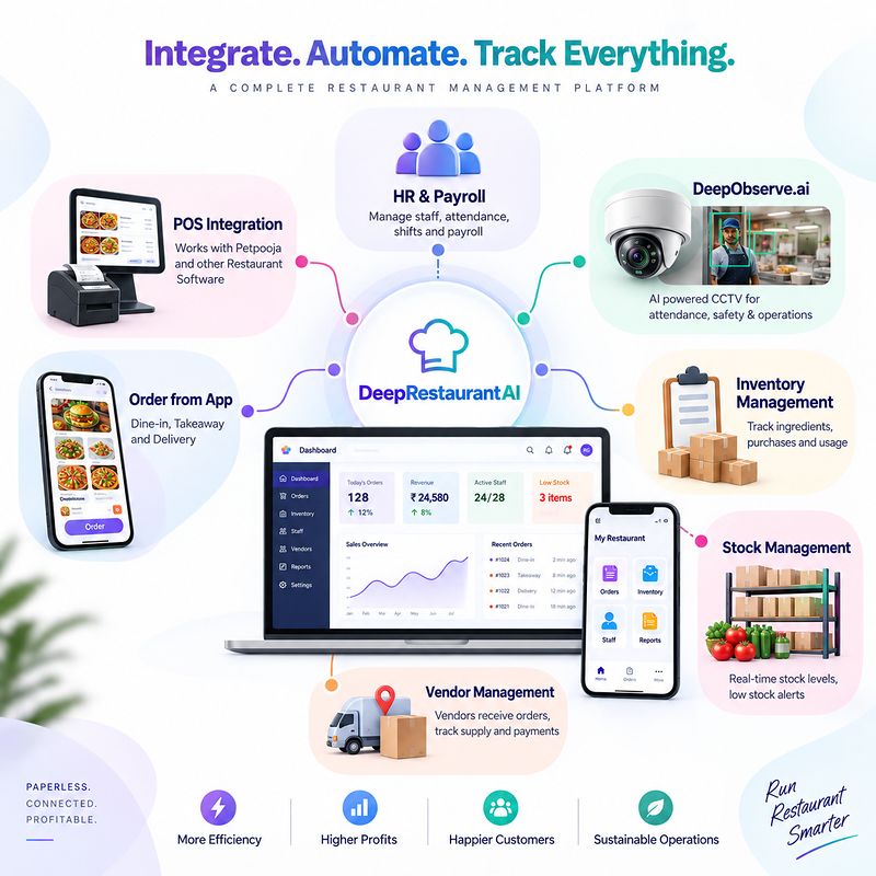 DeepRestaurantAI restaurant management platform: POS integration with PetPooja, HR and payroll, DeepObserve.ai CCTV AI, ordering from the app, inventory, stock and vendor management connected to one dashboard